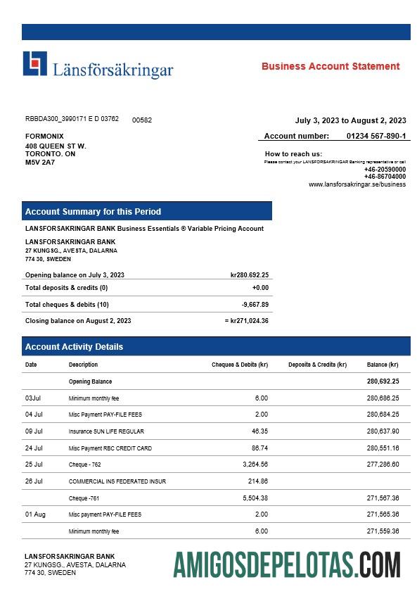 Realista Lansforsakrigar Bank Company Verificando extrato de conta modelo Word e PDF